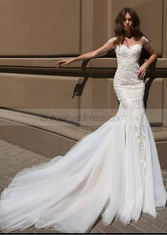 Short Sleeve Beaded Ivory Lace Tulle Wedding Dress